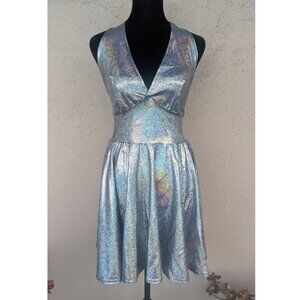 💜✨Holographic Silver Halter Dress – Shimmering Metallic Festival Wear